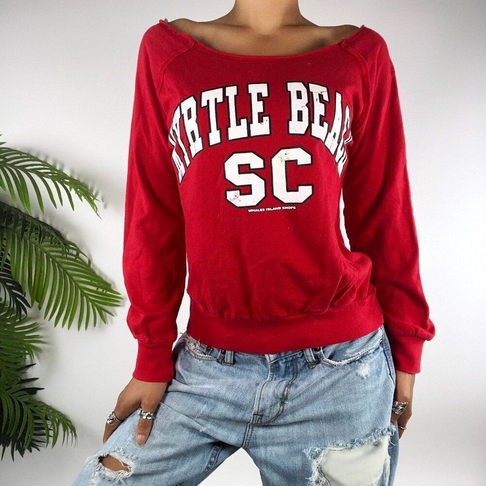 Vintage Y2K Red Myrtle Beach Casual Off The Shoulder Graphic T-Shirt / Small